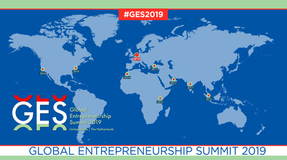 Kaart met locaties van de Global Entrepreneurship Summit (GES), in 2019 is die in Nederland.